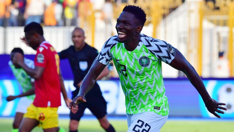 Kenneth Omeruo celebrates his goal for Nigeria