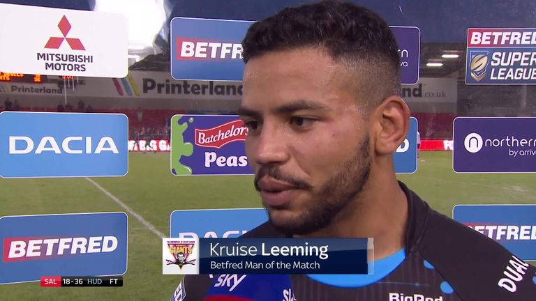 Man of the match Kruise Leeming chats to Sky Sports after Huddersfield Giants' 36-18 victory over Salford on Thursday. 