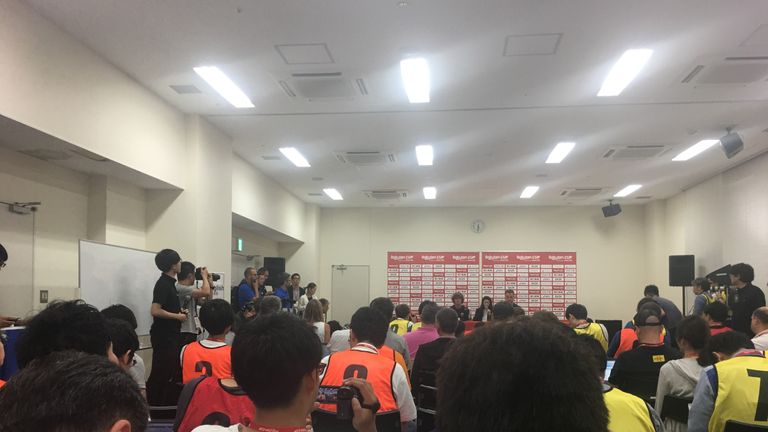 A packed press room at the Machida Municipal Athletics Stadium attended Antoine Griezmann's first conference as a Barcelona player
