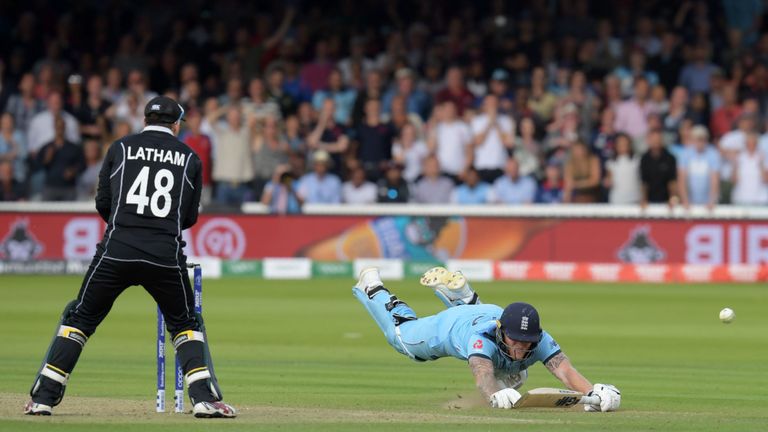 Stokes accidentally diverted the ball away for four overthrows in the last over