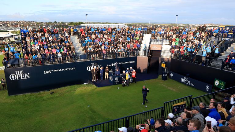 Clarke hits the first tee shot at Royal Portrush on Thursday