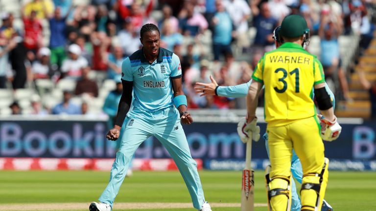 Jofra Archer celebrates after taking the wicket of Aaron Finch at Edgbaston