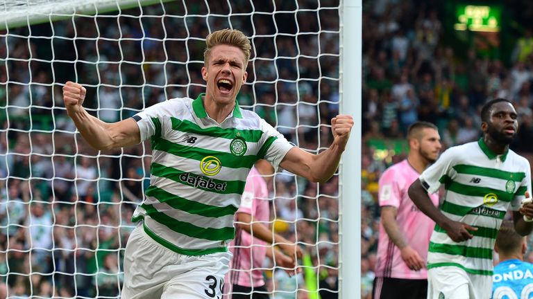 Kristoffer Ajer celebrates scoring against Nomme Kalju