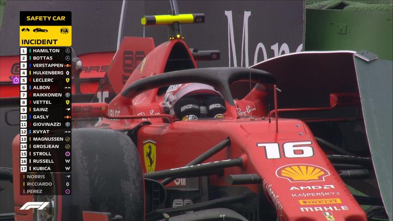 Charles Leclerc ended up in the barriers after crashing out of the German Grand Prix from second place
