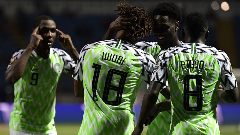 Alex Iwobi is congratulated after firing Nigeria into the quarter-finals