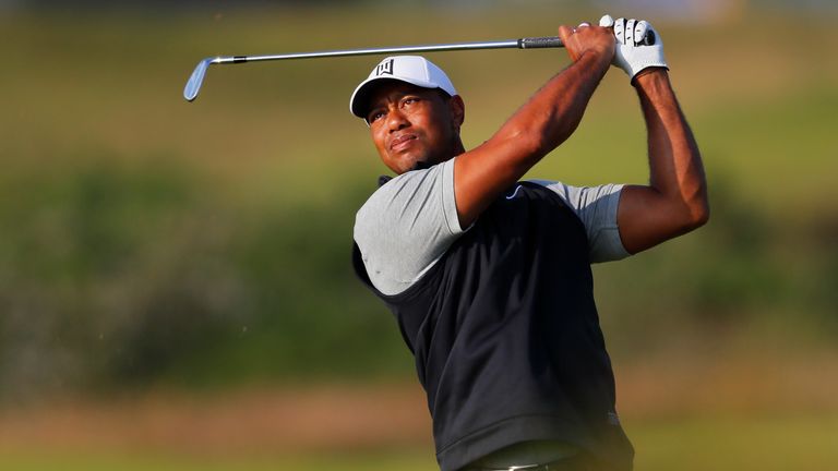 Woods in action during a practice round ahead of The Open