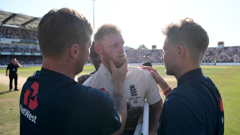 Stokes with Jason Roy and Root after his incredible Ashes century at Headingley