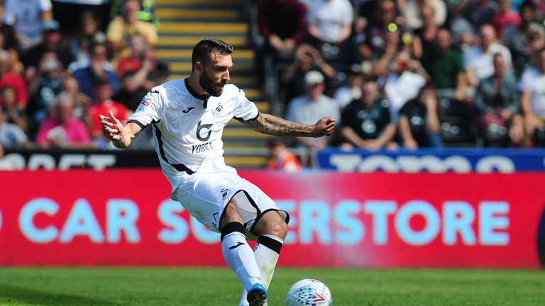 Borja Baston scores Swansea's third goal against Birmingham