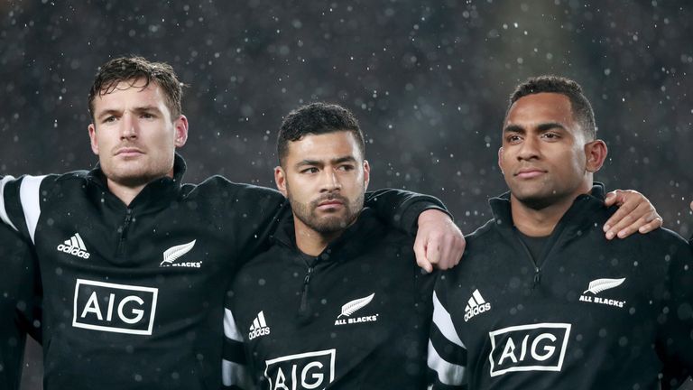 George Bridge, Richie Mo’unga and Sevu Reece line up prior to the All Blacks' win over Australia at Eden Park