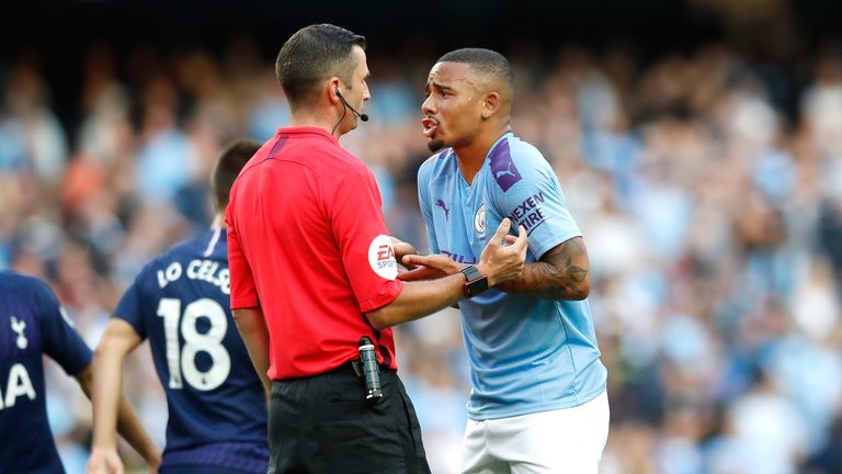 Gabriel Jesus appeals to the match referee Michael Oliver after his goal is ruled out by VAR