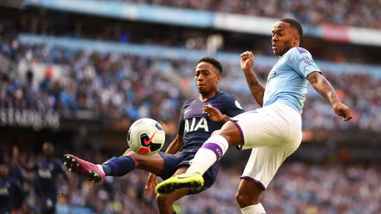 Raheem Sterling battles for possession with Kyle Walker-Peters