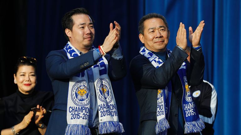 Aiyawatt Srivaddhanaprabha, left, has succeeded his father Vichai as chairman