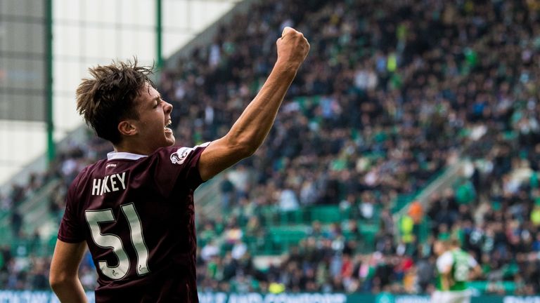 Hickey celebrates scoring a sensational goal for Hearts in the Edinburgh derby against rivals Hibernian