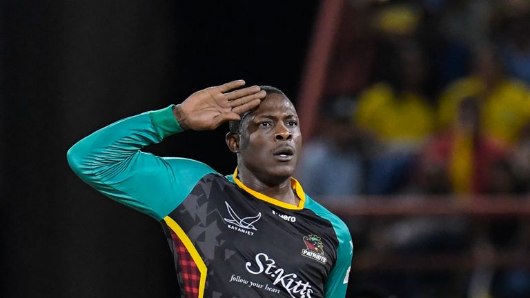 Sheldon Cottrell celebrates a wicket for St Kitts & Nevis Patriots in his unique style