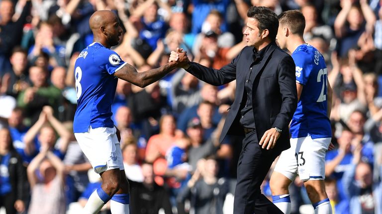 Fabian Delph celebrates at full-time with his manager Marco Silva 