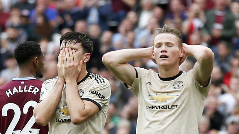 Harry Maguire and Scott McTominay react to a missed chance