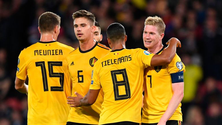 Kevin De Bruyne celebrates a Belgium goal against Scotland