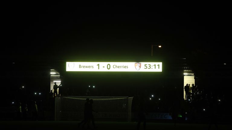 A view of the scoreboard as the lights go out at the Pirelli Stadium