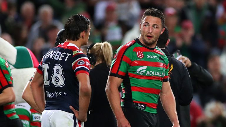 Sam Burgess has been banned after a clash with the Roosters' Billy Smith