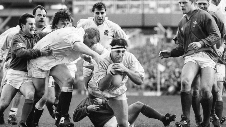 Wade Dooley scores a try against Wales in 1992
