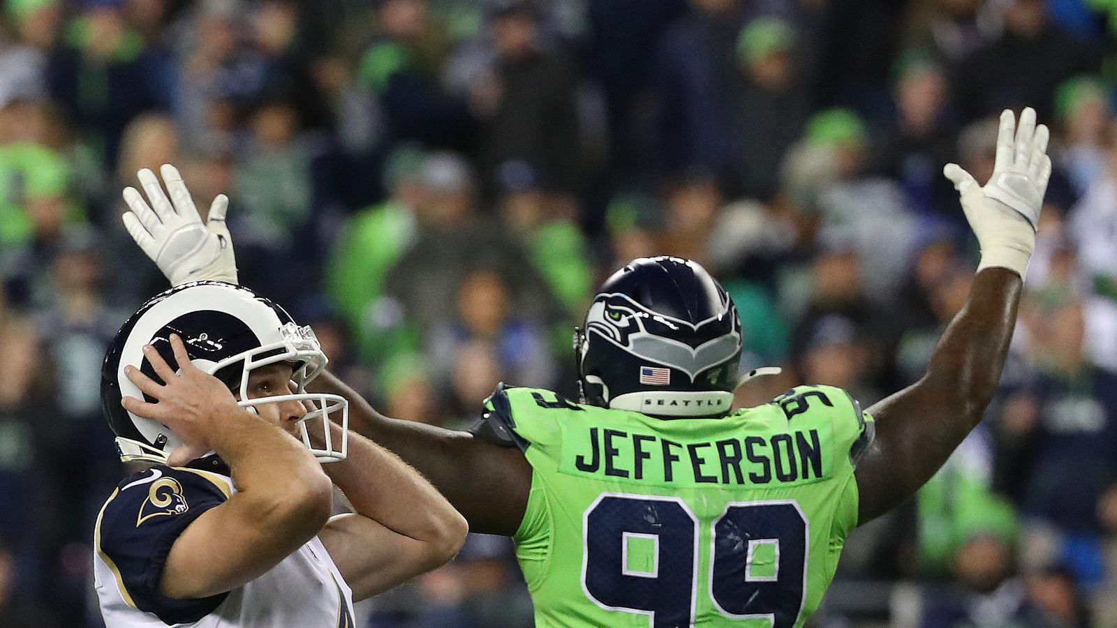 Los Angeles Rams offensive tackle Alaric Jackson (77) blocks during an NFL  football game against the Seattle Seahawks, Sunday, Sept. 10, 2023 in  Seattle. The Rams won 30-13. (AP Photo/Ben VanHouten Stock Photo - Alamy