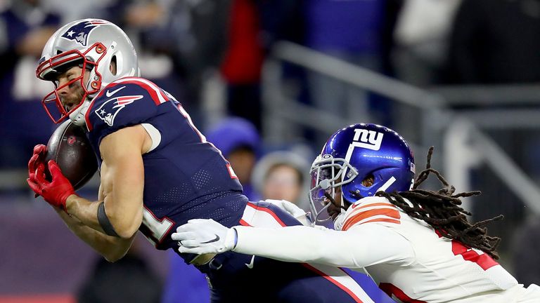 Julian Edelman catches a 36-yard pass from Tom Brady