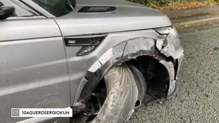Sergio Aguero's car following the crash on Wednesday morning (Credit: @10sergioaguerokun/Instagram)