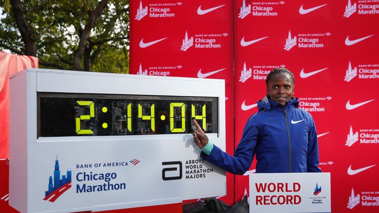 Brigid Kosgei set a new women's marathon world record time of two hours, 14 minutes and four seconds in Chicago 