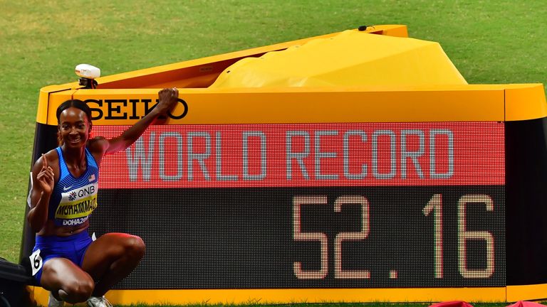 Dalilah Muhammad set a new world record of 52.16 seconds with victory in  women's 400-metre hurdles in Doha