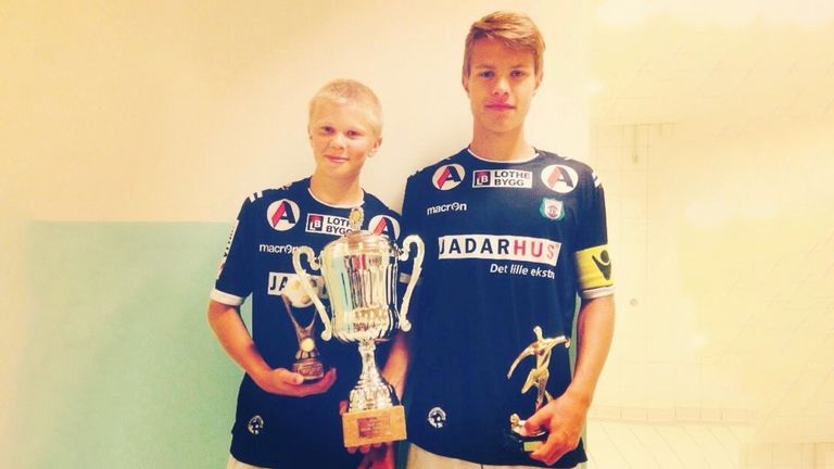 Haaland (left) pictured alongside former Bryne team-mate Tord Salte aged 14