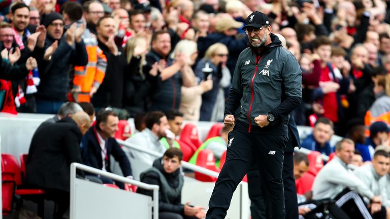 Jurgen Klopp celebrates Liverpool's dramatic late winner against Leicester