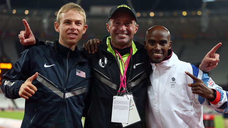 Sir Mo Farah (right), pictured with his former coach Salazar (centre) and USA's Galen Rupp (left) during the London 2012 Olympics