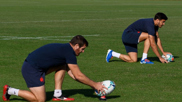 France fly-halves Camille Lopez (left) and Romain Ntamack