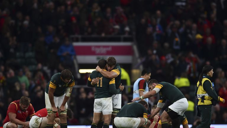 South Africa's players celebrate after beating Wales in the 2015 World Cup quarter-finals
