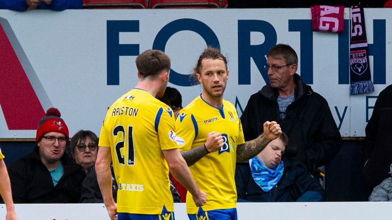 Stevie May celebrates his goal during the Premiership match between Ross County and St Johnstone