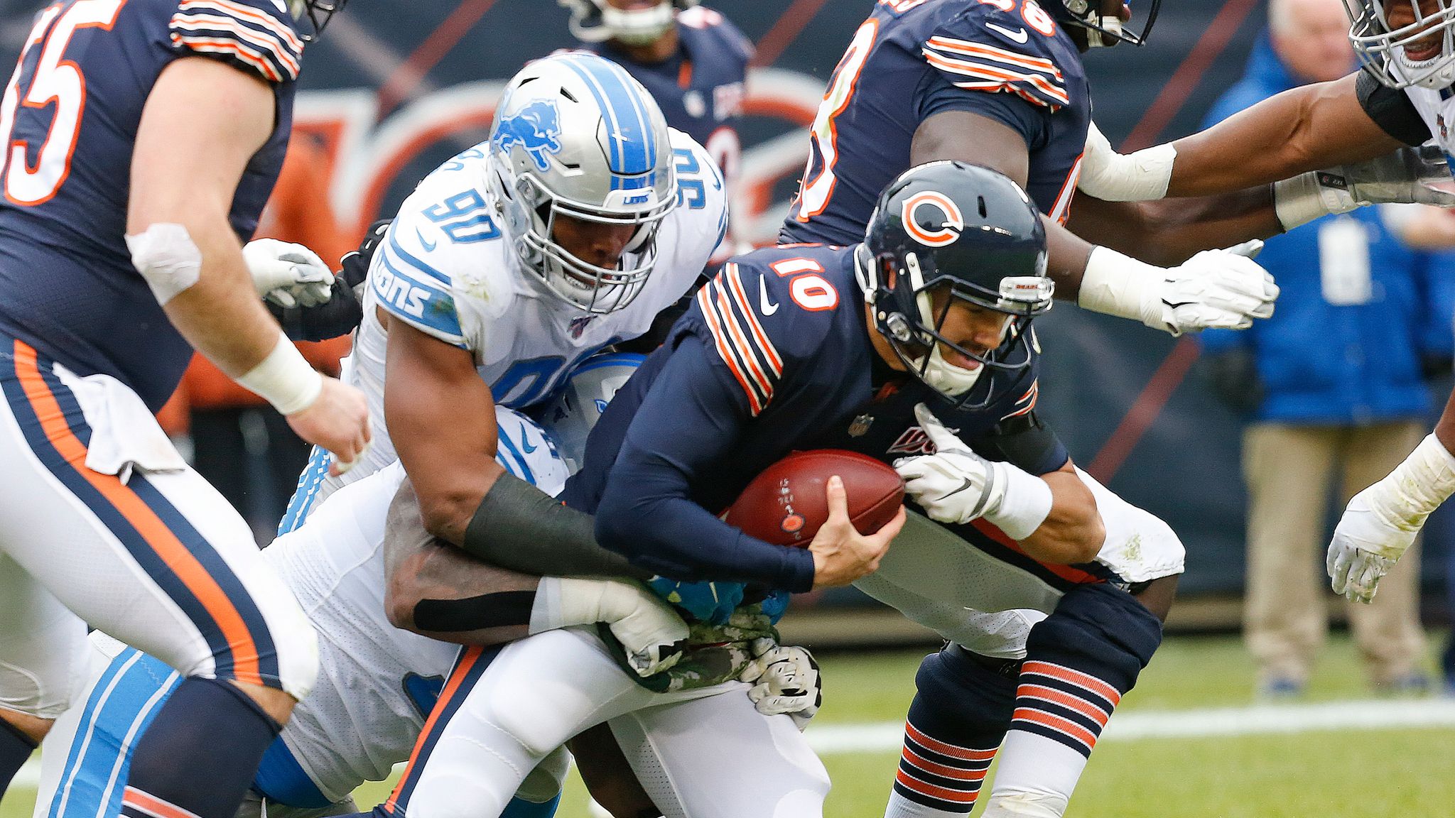 August 16, 2019, Chicago Bears quarterback Mitchell Trubisky (10) throws  the ball prior to the NFL preseason game between the Chicago Bears and the  New York Giants at MetLife Stadium in East