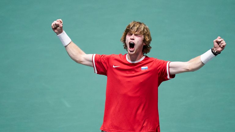 Andrey Rublev celebrates for Russia after they reached the semi-finals