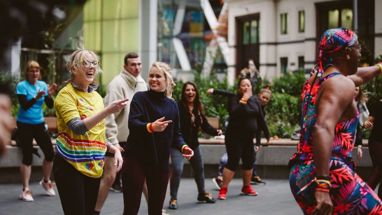 Who's the TV legend donning his rainbow laces and hijacking an outdoor aerobics class for 'Come Out Active' week? Video via Aviva