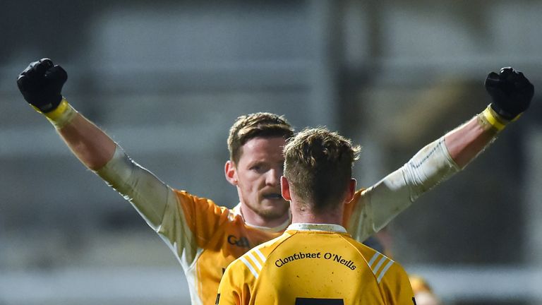 Job done! Conor McManus and Jack Gormley celebrate Clontibret's Ulster quarter-final win over Crossmaglen