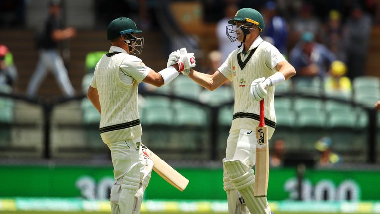 Warner (L) y Marnus Labuschagne se pusieron 361 para el segundo wicket contra Pakistán