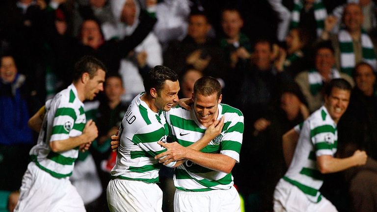 Scott McDonald and Chris Killen celebrate during Celtic's 2-1 win over AC Milan in 2007