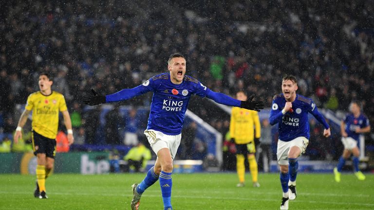 Jamie Vardy celebrates his goal against Arsenal