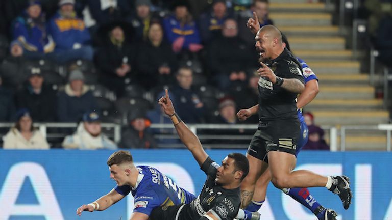 Ratu Naulago celebrates after scoring against Leeds