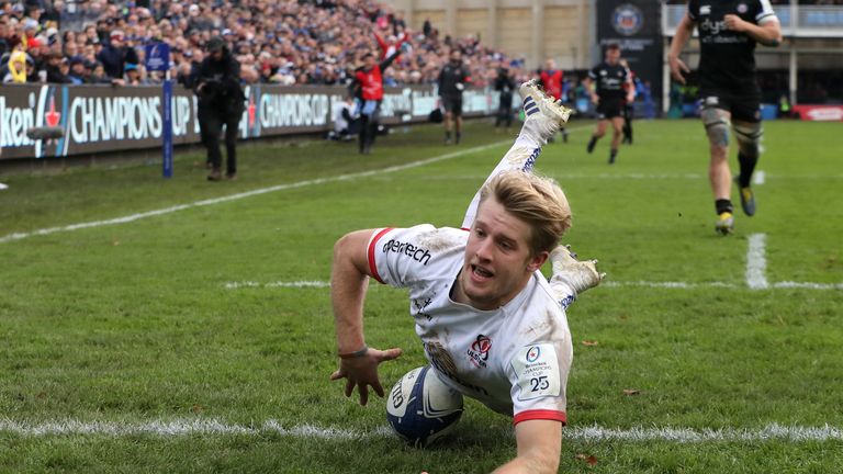 Ulster wing Rob Lyttle scores their second try against Bath