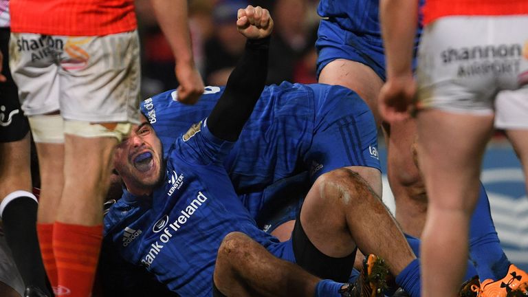 James Lowe celebrates Leinster's try, having latched on to Ed Byrne and helped force him over 