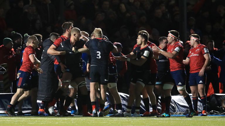 Saracens and Munster players in the Allianz Park brawl