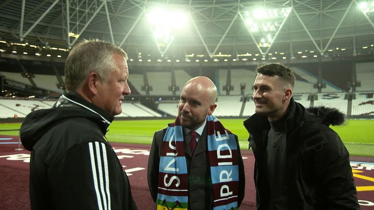 Sheffield United boss Chris Wilder stops by for a chat after the full-time whistle