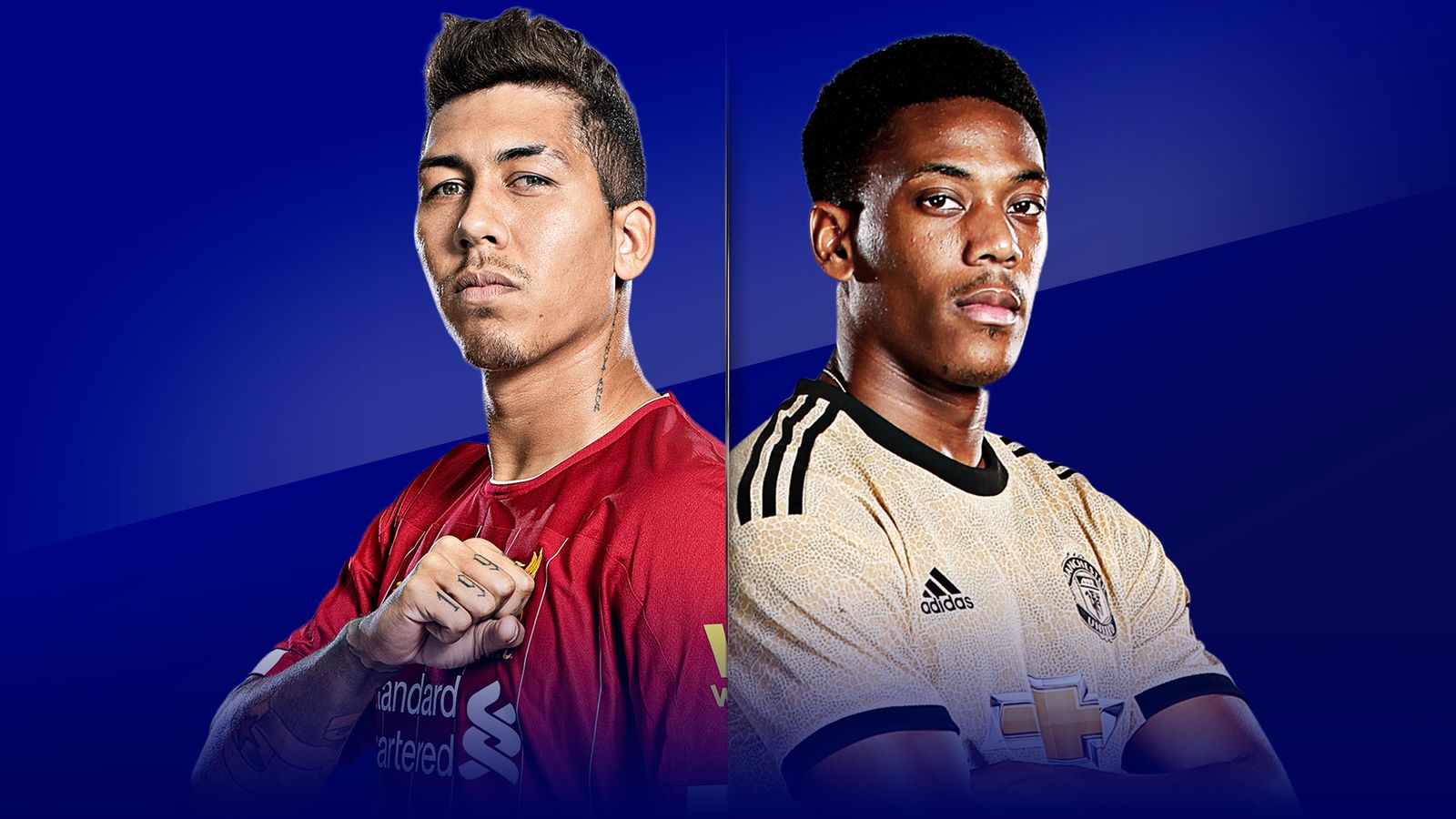  The image shows a match between Liverpool and Manchester United at Old Trafford, with Marcus Rashford and Roberto Firmino representing each team.