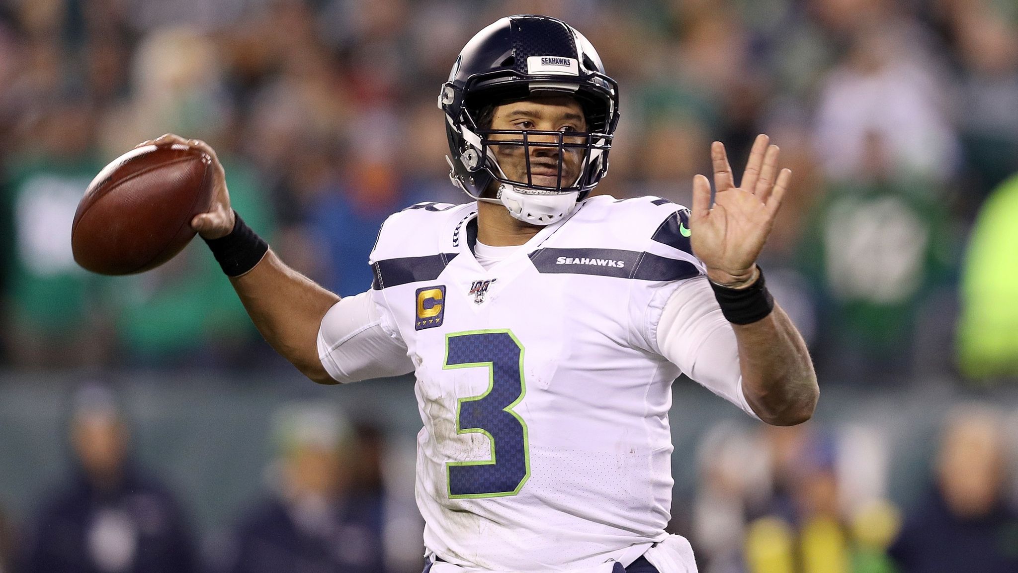 Philadelphia, United States. 05th Jan, 2020. Seattle Seahawks' Russell  Wilson (3) shakes hands with Philadelphia Eagles' Josh McCown (18) after an NFL  football game at Lincoln Financial Field in Philadelphia on Sunday