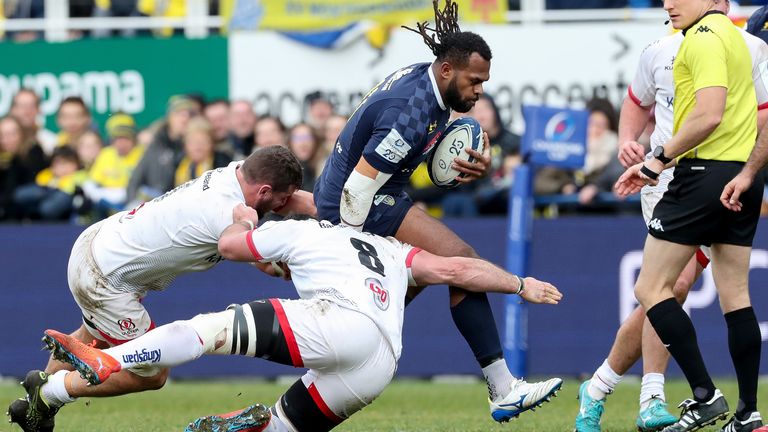 Clermont's Alivereti Raka is tackled by Sean Reidy and Marcell Coetzee of Ulster